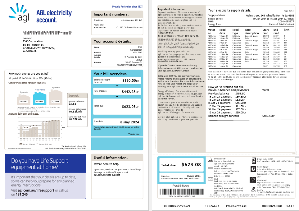 Australia AGL electricity account energy business utility bill, 3 pages, version 2 PSD template
